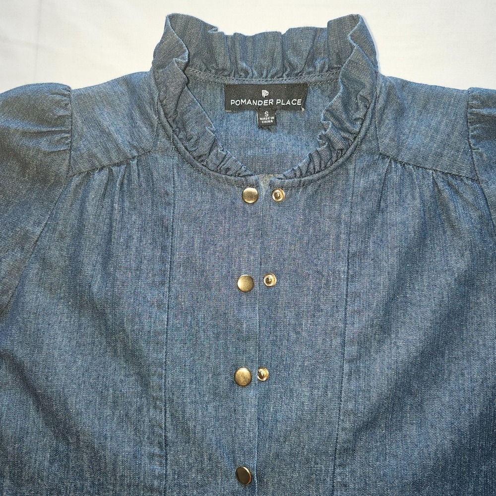 Pomander Place Chambray Claiborne Dress Ruffle Neck Gold Button Medium Size S - Picture 11 of 15